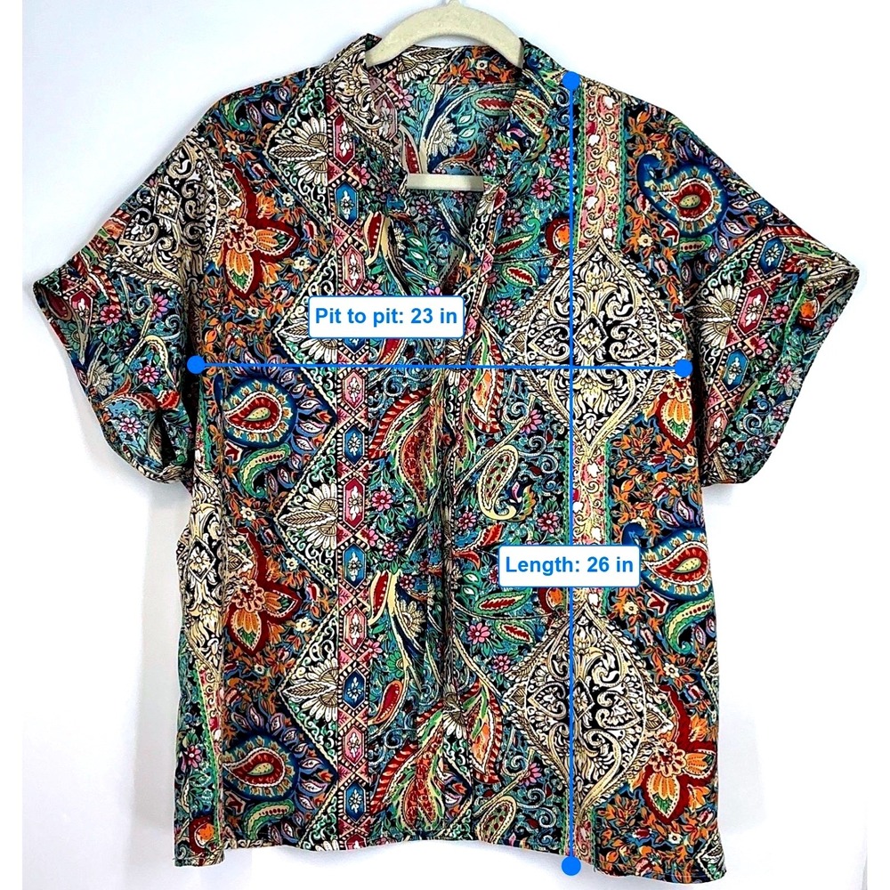 Multicolor Paisley Notch Collar Short Sleeve Blouse Boho Festival Maximalist XL - Picture 8 of 11